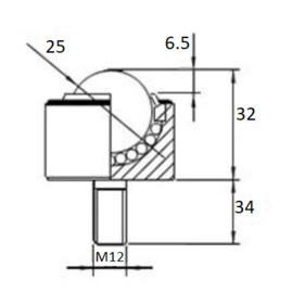 Kogelrol (kogelpot), 25.4 mm, met M12 draadeind